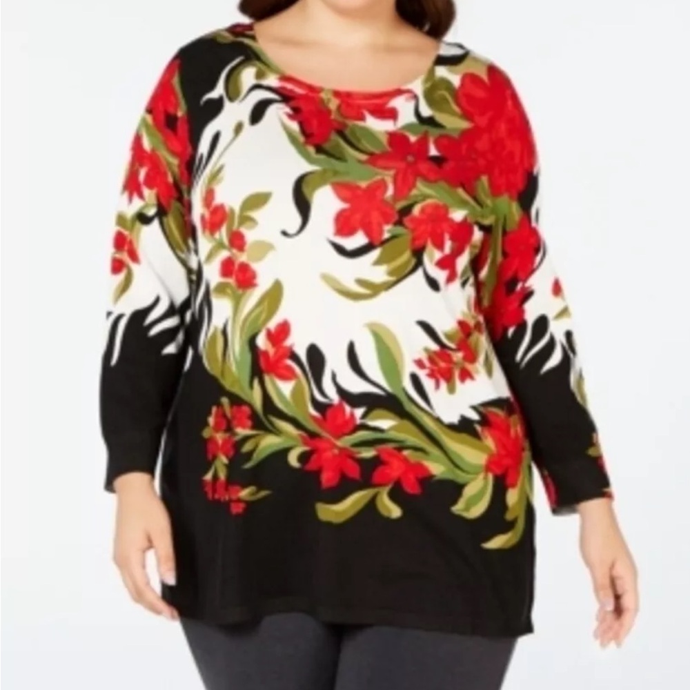 NWT $78 Joseph A. Red and Green Floral Sweater Blouse Top Women’s size 1X “Jane”